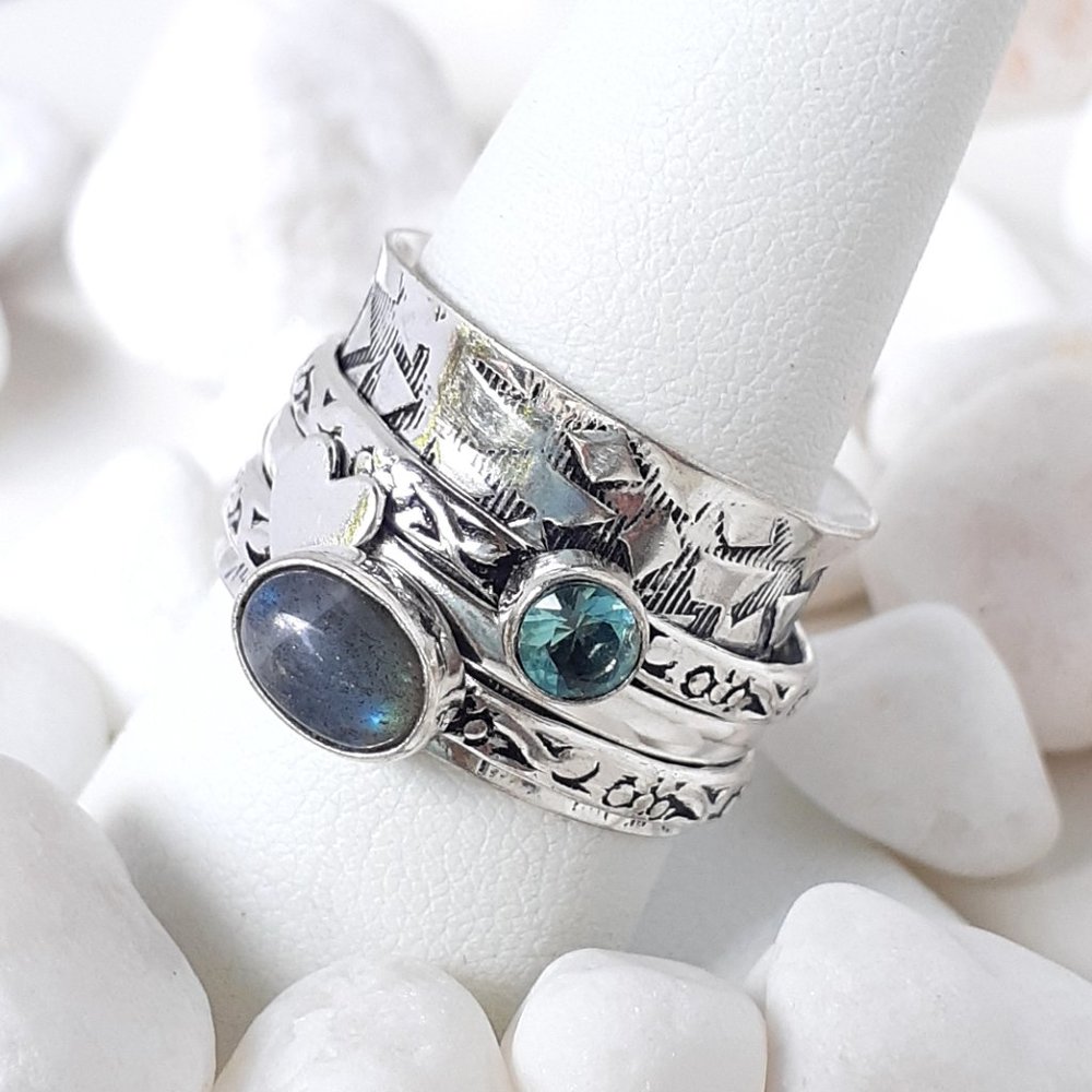 925 Sterling Moonstone & Sapphire Spinner Ring - Picture 8 of 11
